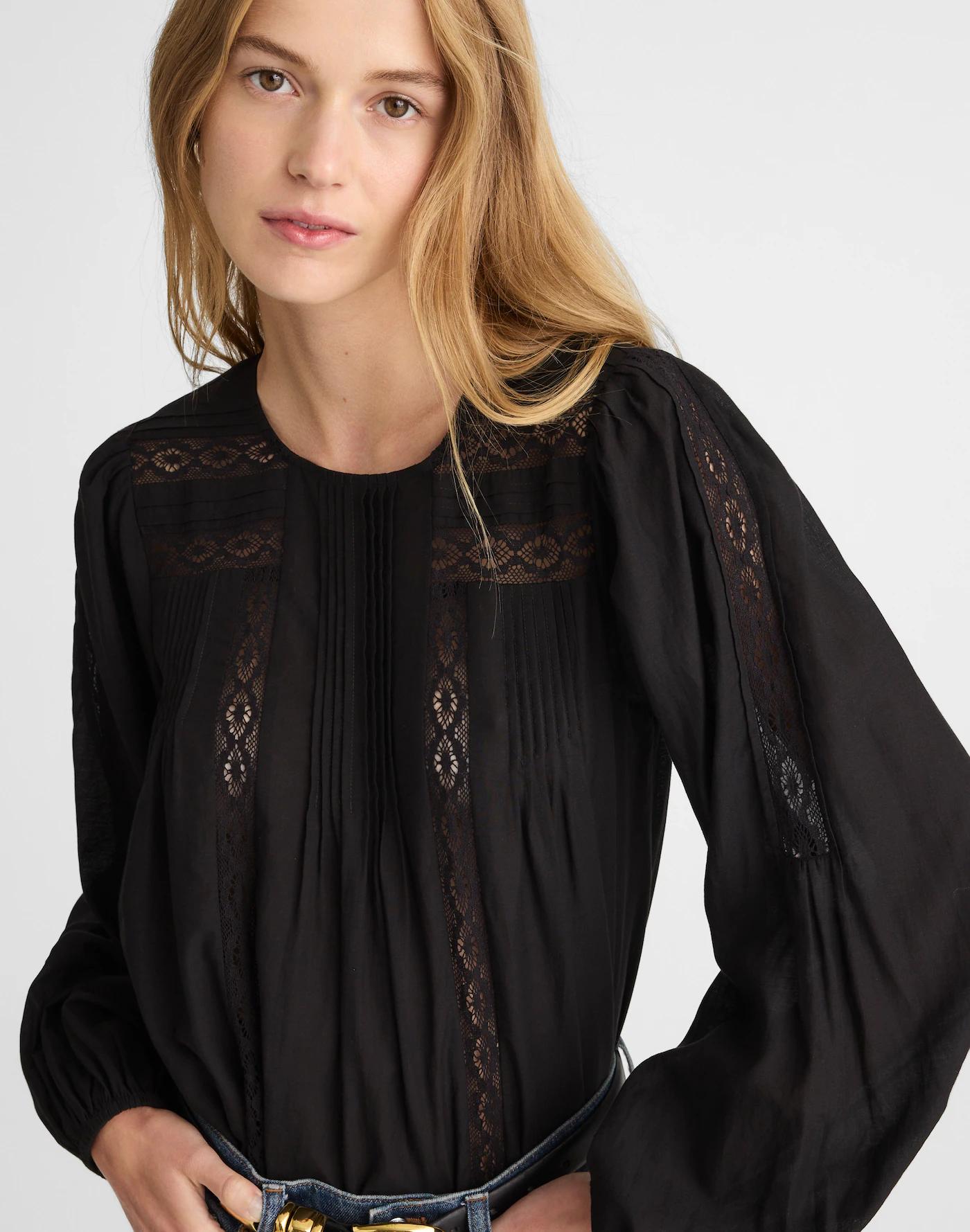 Lace-Insert Pintucked Long-Sleeve Top Product Image
