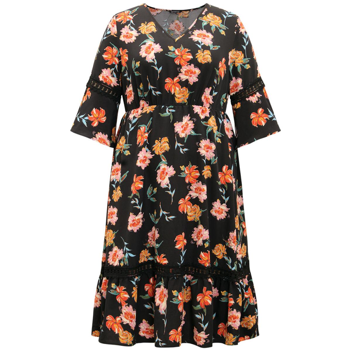 Plus Size Floral Bell Sleeve Pocket Lace Panel Dress Black Women Vacation Printed V-neck Elbow-length sleeve Curvy Midi Dress BloomChic 14-16/1X Product Image