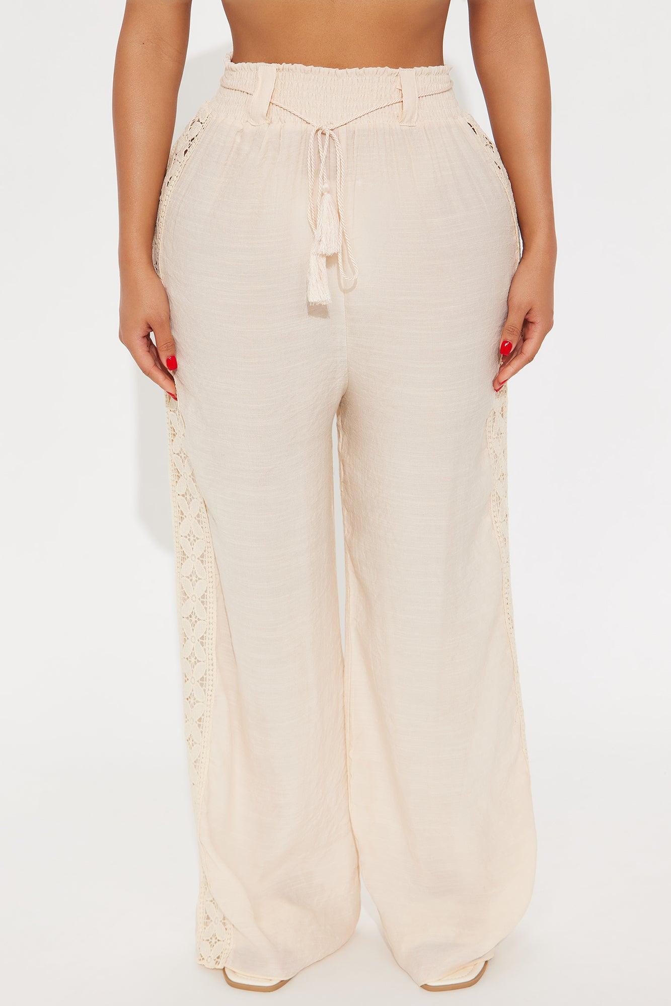 Beachside Lounge Linen Side Crochet Panel Cover Up Pants - Tan Product Image