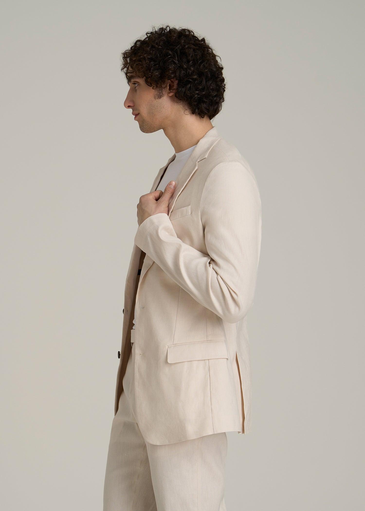 Stretch Linen Blazer for Tall Men in Light Beige Linen Male Product Image