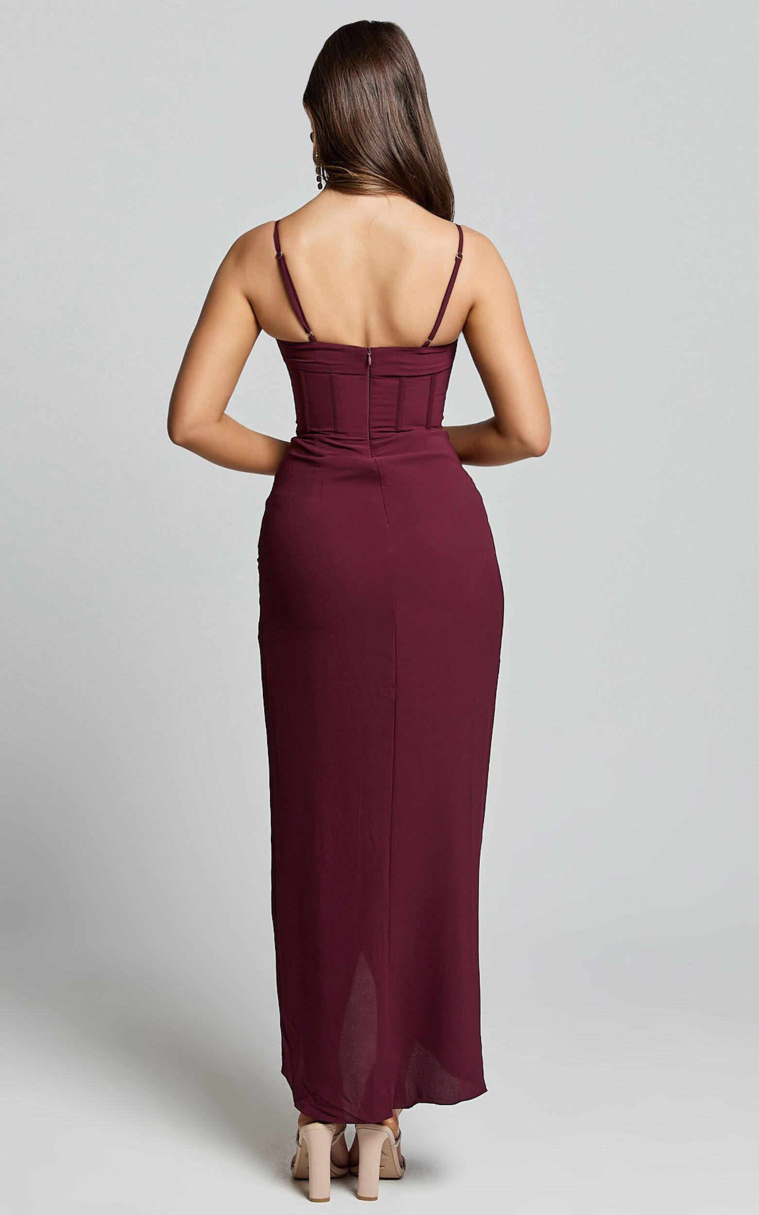 Andrina Midi Dress - High Low Wrap Corset Dress in Wine Product Image