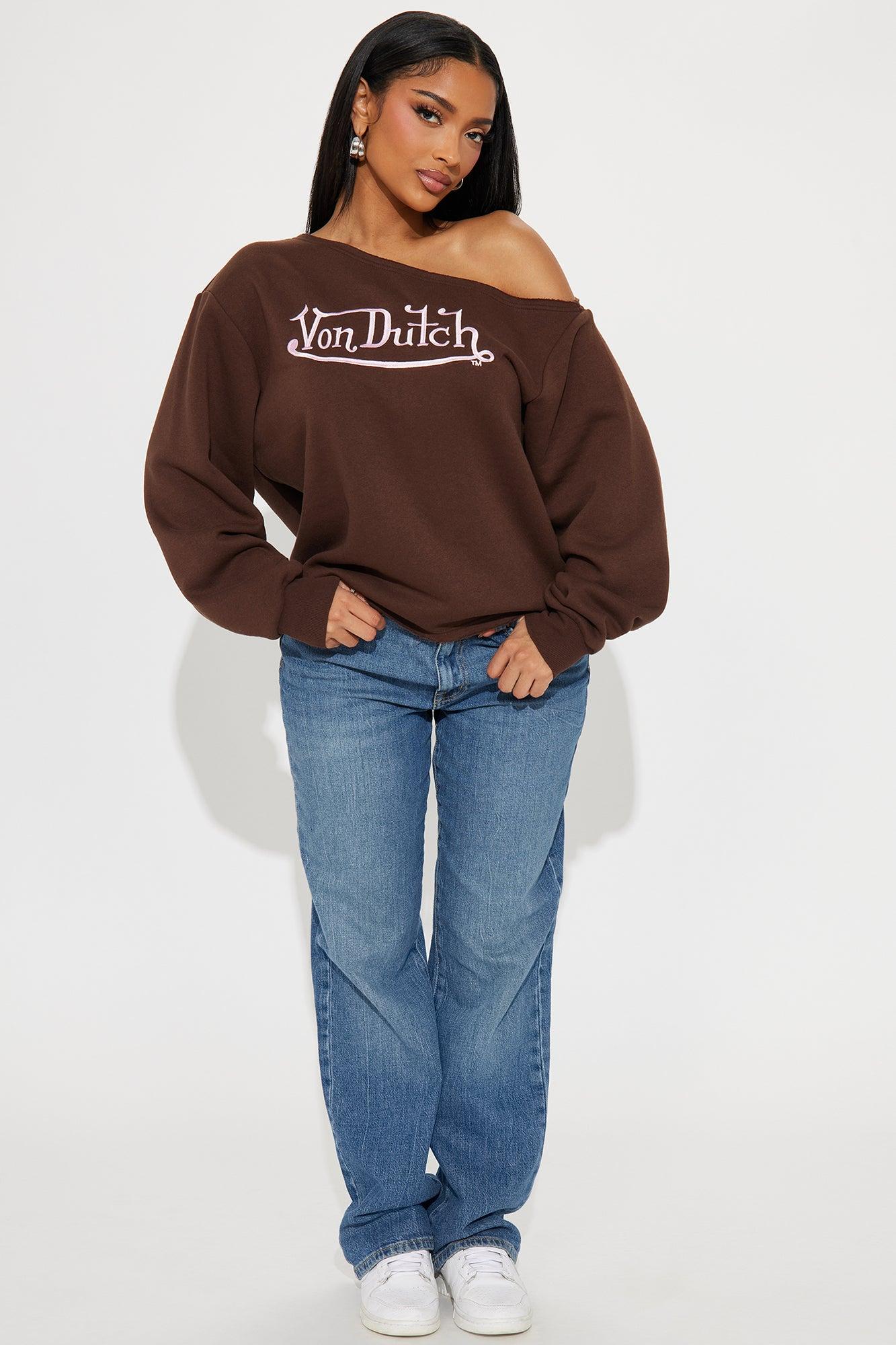 Von Dutch Classic Off Shoulder Sweatshirt - Brown Product Image