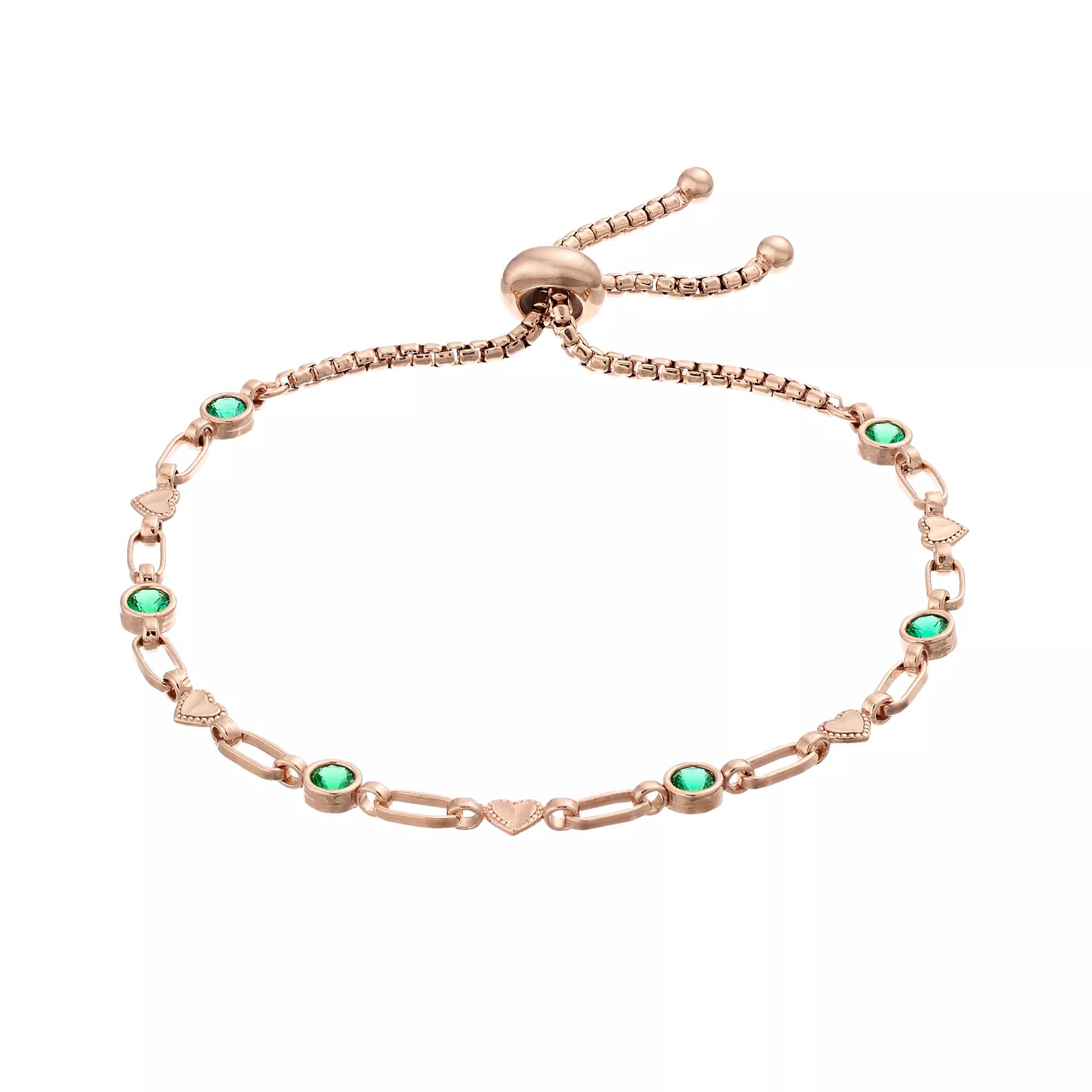 Kristen Kesho Sterling Silver Lab-Created Emerald & Heart Link Adjustable Bolo Bracelet, Women's, Size: 9.50, Pink Tone Product Image