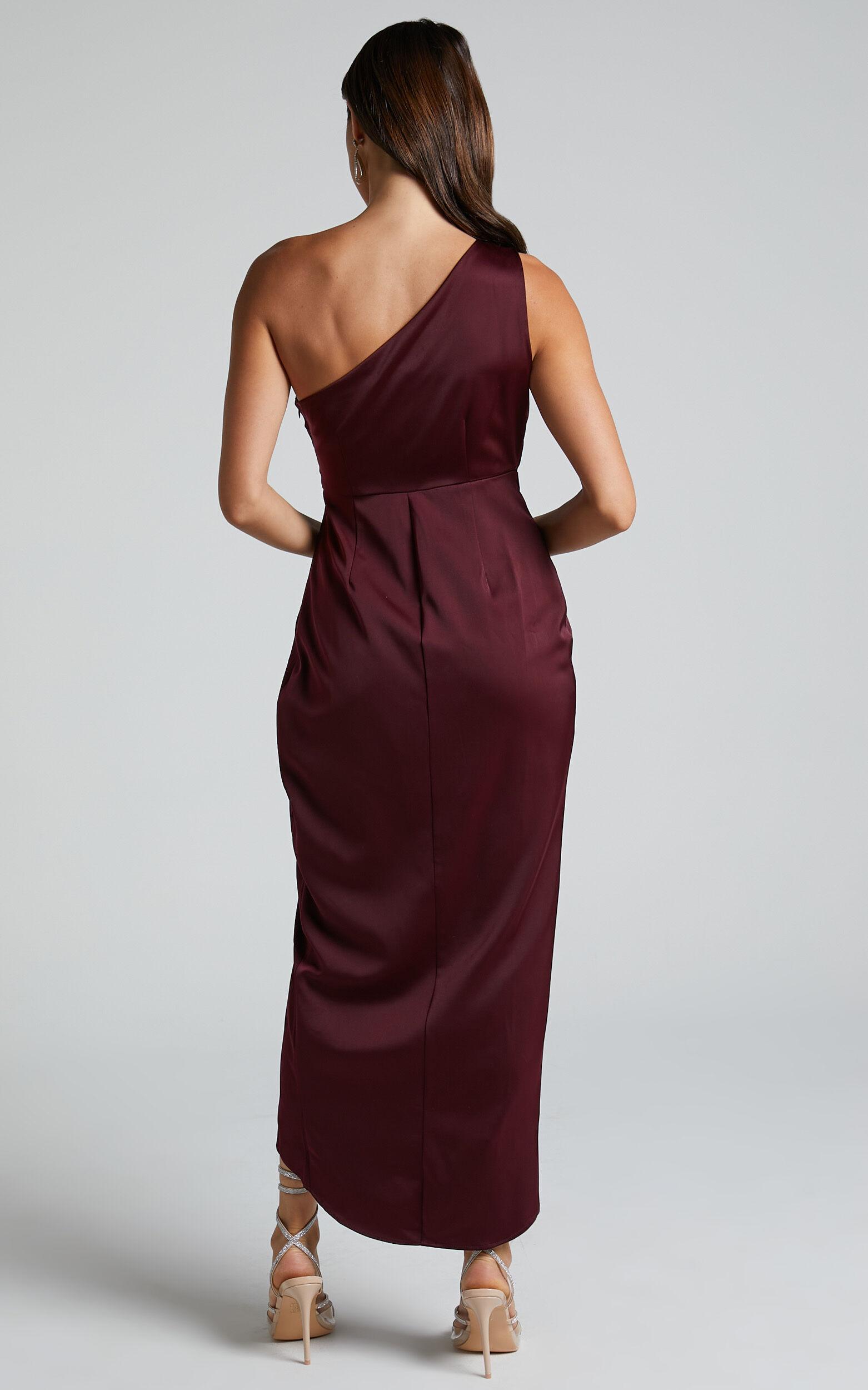 Felt So Happy Midi Dress - One Shoulder Drape Dress in Wine Product Image