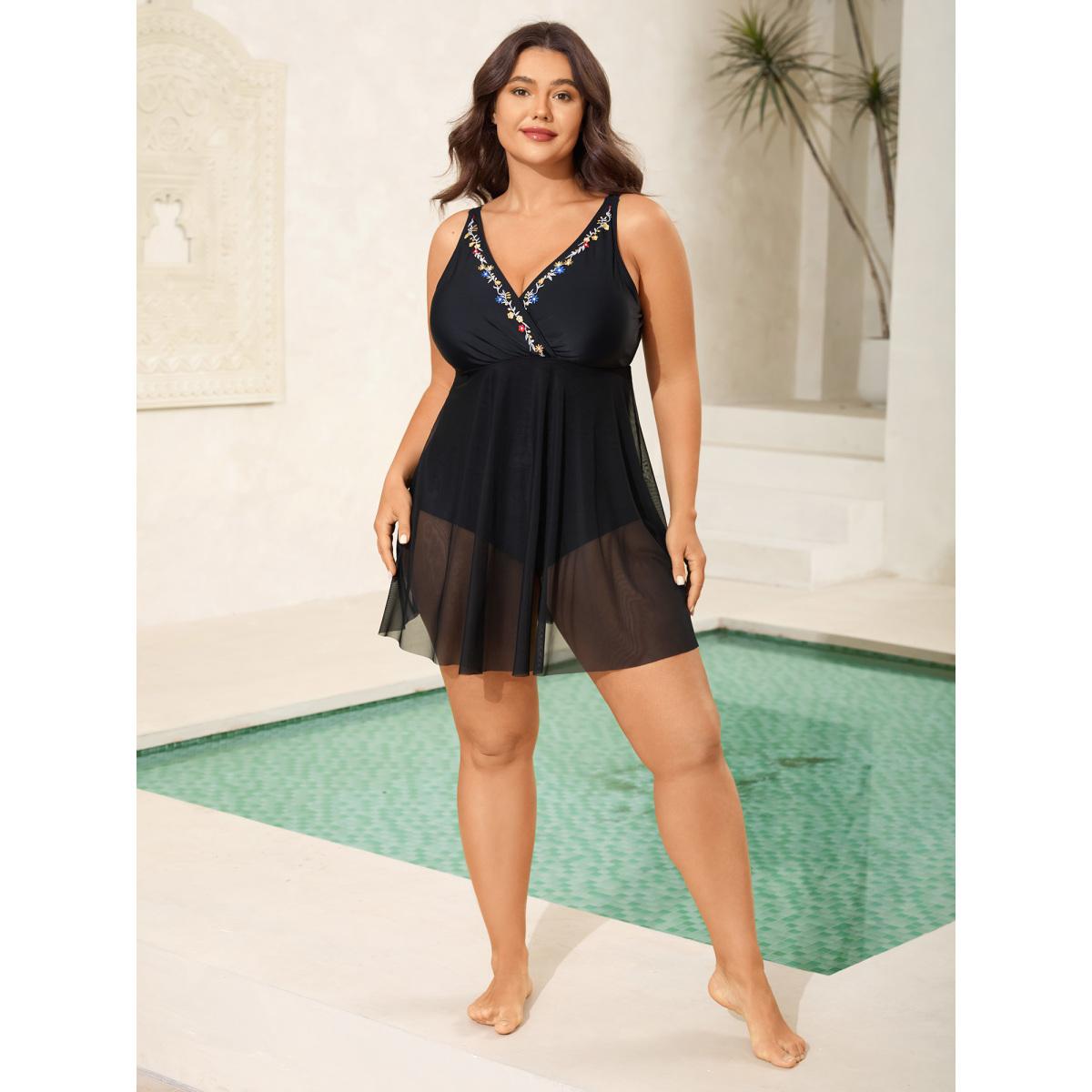Plus Size Floral Embroidered Sheer Surplice Swim Dress Women's Swimwear Black Resort Bodycon Overlap Collar High stretch Curve Swim Dresses BloomChic 10/M Product Image