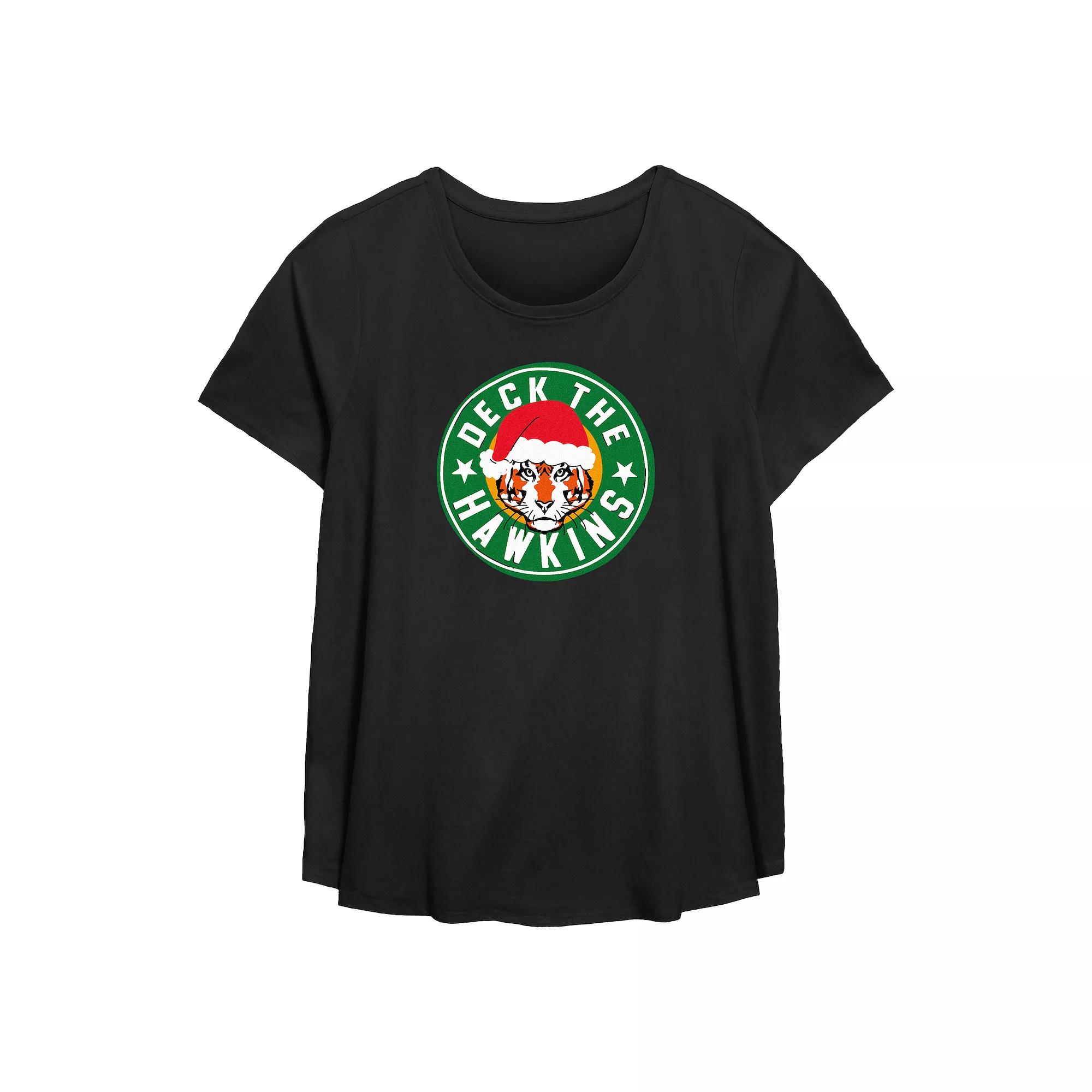 Plus Size Stranger Things Deck The Hawkins Flowy Graphic Tee, Women's, Size: 5XL, Black Product Image