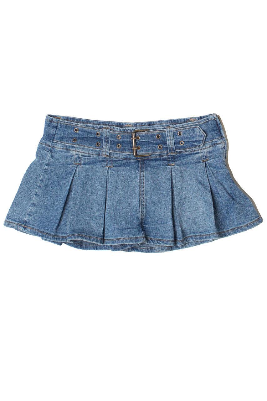 Low Rise Pleated Belted Denim Mini Skort Product Image