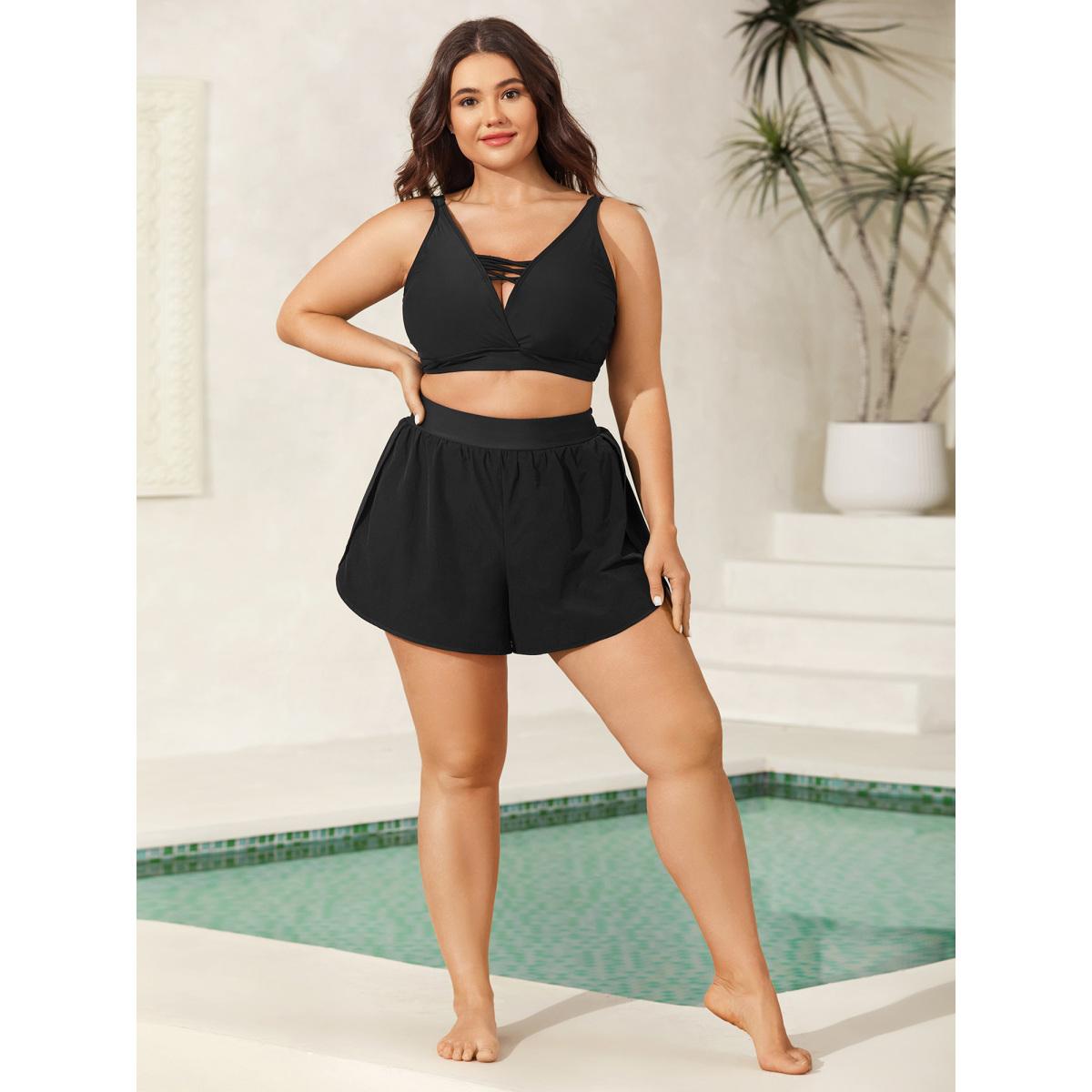 Plus Size Bud-Shape Overlap Hem Swim Bottoms Women's Swimwear Black Resort High stretch Bodycon Mid Rise Curve Swim Bottoms BloomChic 22-24/3X Product Image