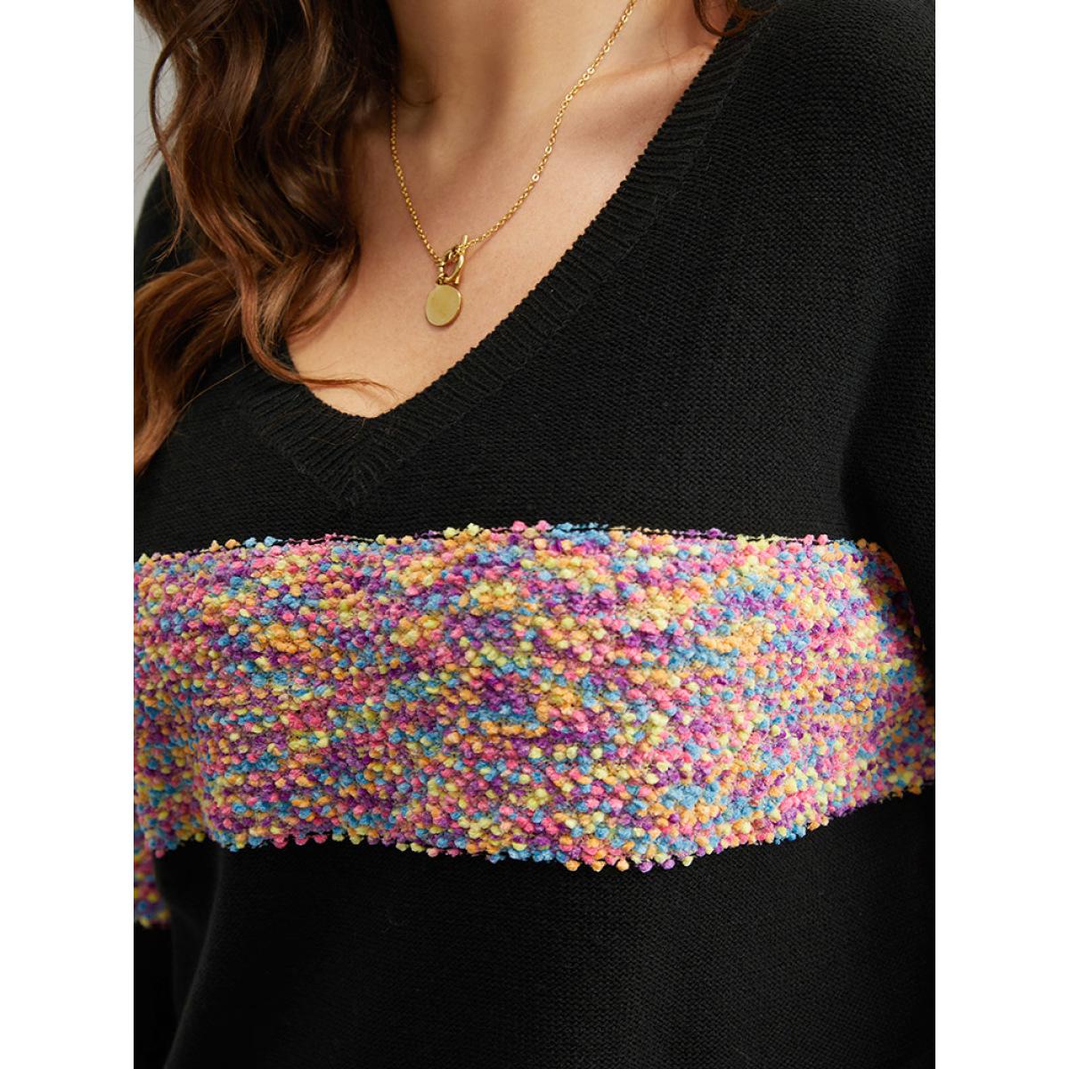 Plus Size Colour Heather Contrast V Neck Pullover Black Women Casual Loose Long Sleeve V-neck Dailywear Pullovers BloomChic 14-16/1X Product Image