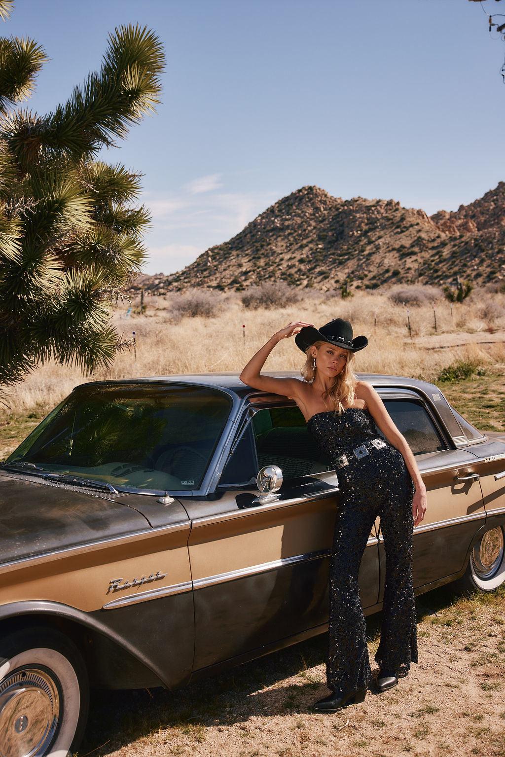 Tess Black Sequin Strapless Jumpsuit Product Image