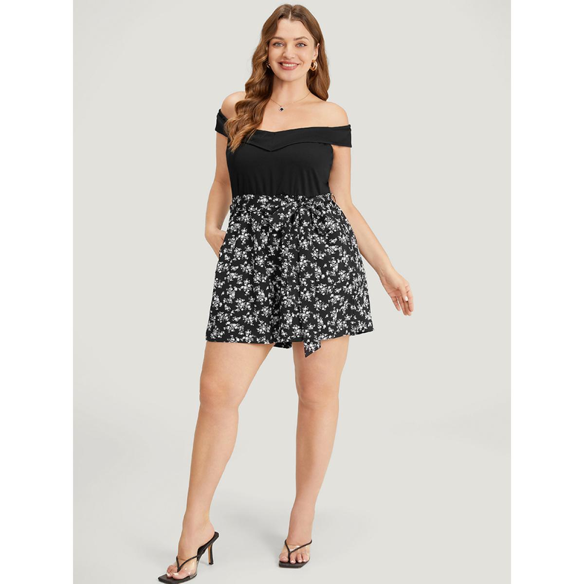 Plus Size Black Ditsy Floral Patchwork Pocket Belted Off Shoulder Romper Women Elegant Sleeveless One-shoulder neck Dailywear Loose Jumpsuits BloomChic 26/4X Product Image