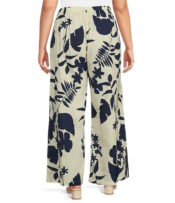 Bryn Walker Plus Size Foglie Print Flat Front Elastic Waist Wide Full Leg Coordinating Pants Product Image