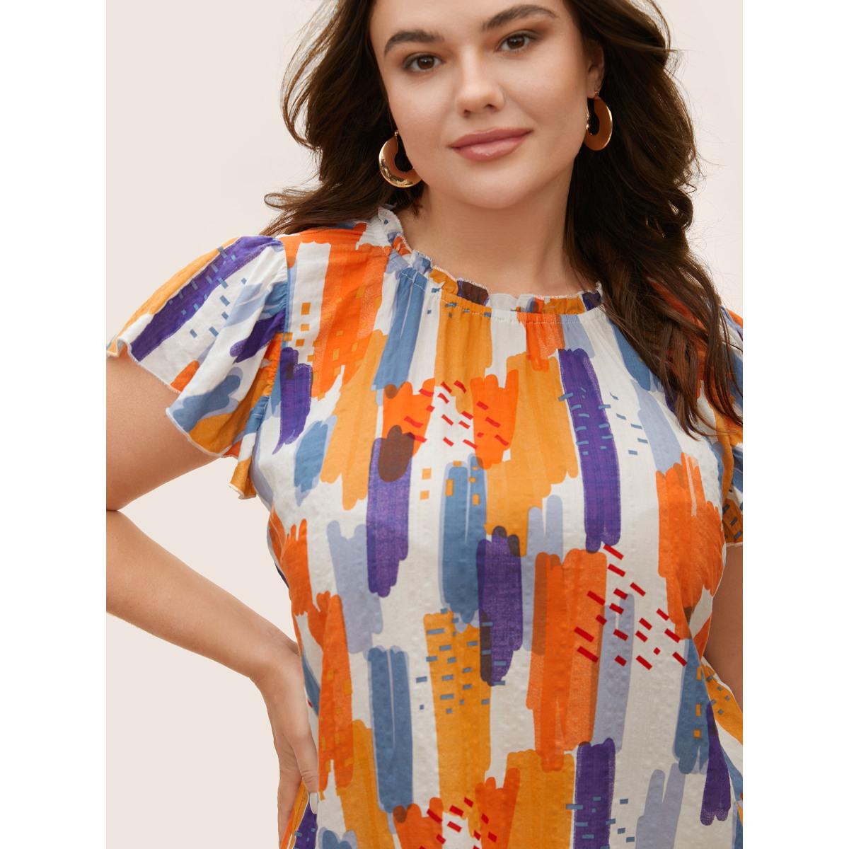 Plus Size Multicolor Brush Print Split Side Cap Sleeve Blouse Women Elegant Cap Sleeve Stand-up collar Everyday Blouses BloomChic 12/L Product Image