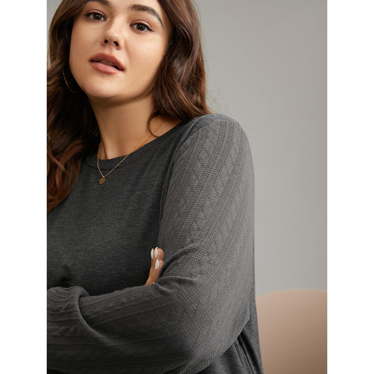 Plus Size Solid Cable Knit Crew Neck Sweatshirt Women Gray Elegant Texture Round Neck Dailywear Sweatshirts BloomChic 12/L Product Image