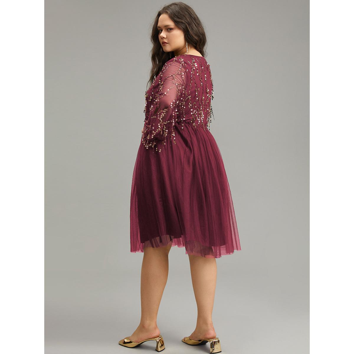 Plus Size Sequin Mesh Patchwork Tassel Dress Scarlet Women Cocktail Gathered Overlap Collar Long Sleeve Curvy Knee Dress BloomChic 30/6X Product Image