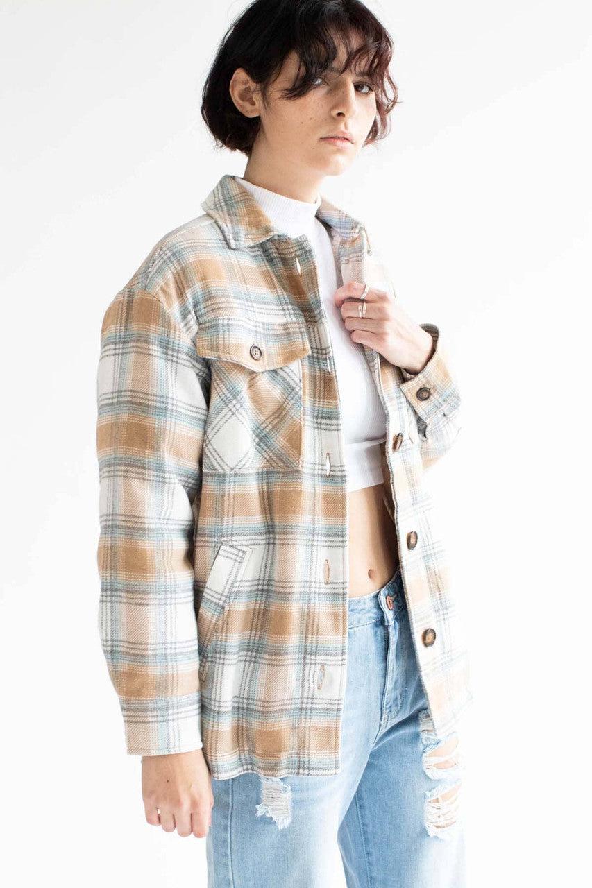 Camel Sherpa-Lined Flannel Jacket Product Image