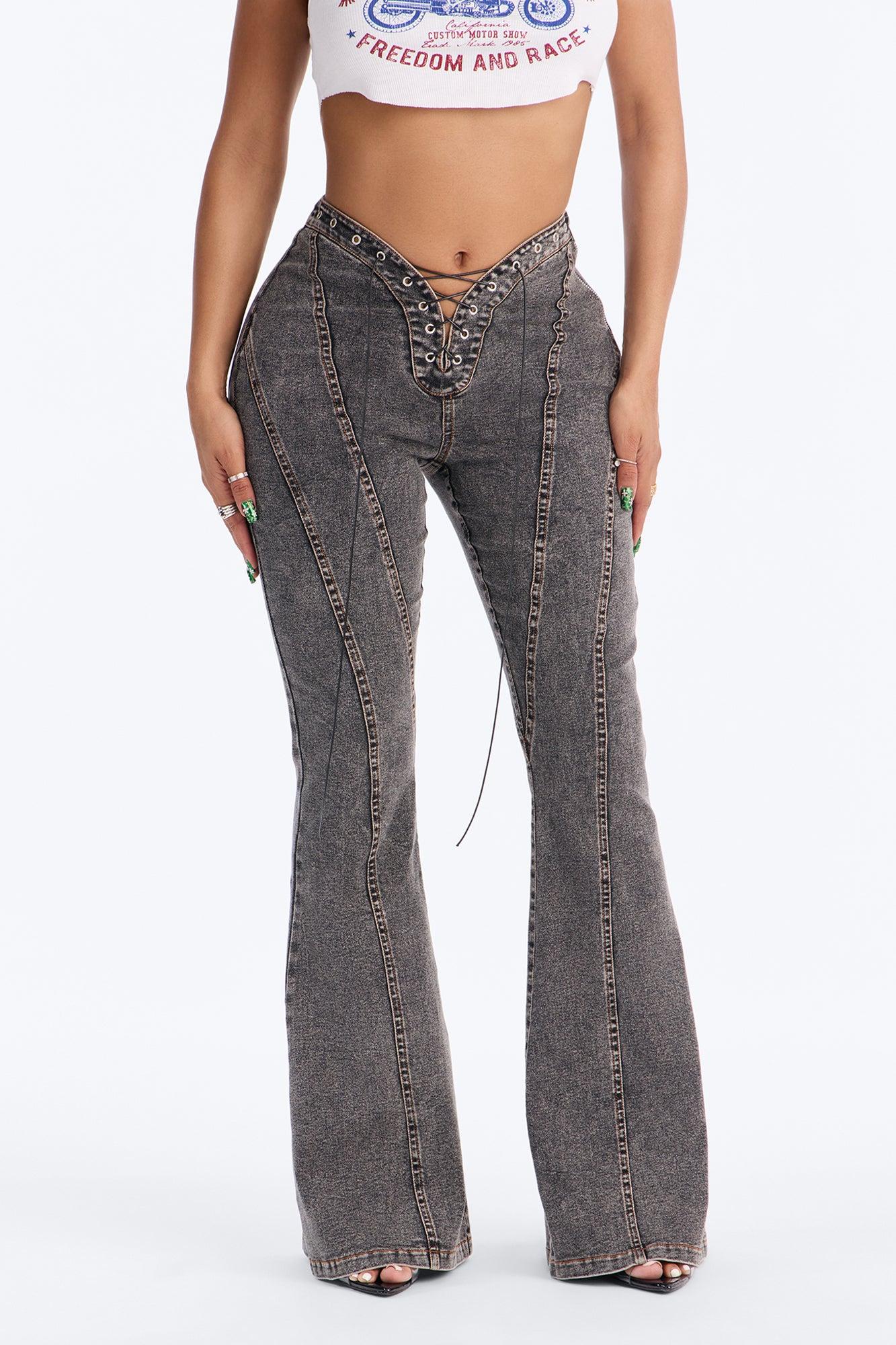 Run this Town Lace Up Washed Flared Pant - Black Female Product Image