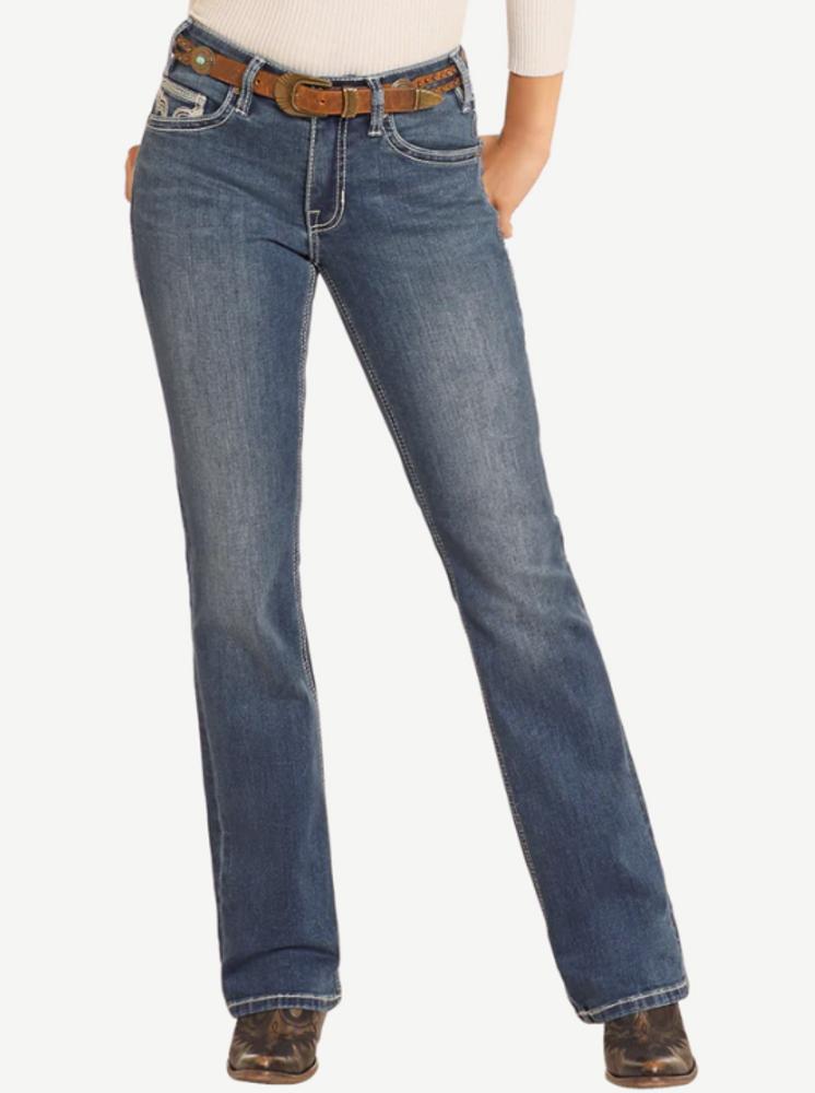 SALE Rock & Roll Denim® Ladies' Mid Rise Cowhide Embroidered Boot Cut Jeans Product Image