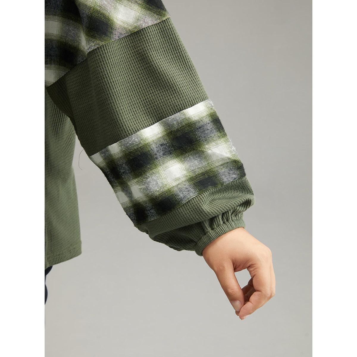 Plus Size Plaid Patchwork Rib Knit Elastic Cuffs Sweatshirt ArmyGreen Women Casual Elastic cuffs Plaid Round Neck Dailywear T-shirts BloomChic 14-16/1X Product Image