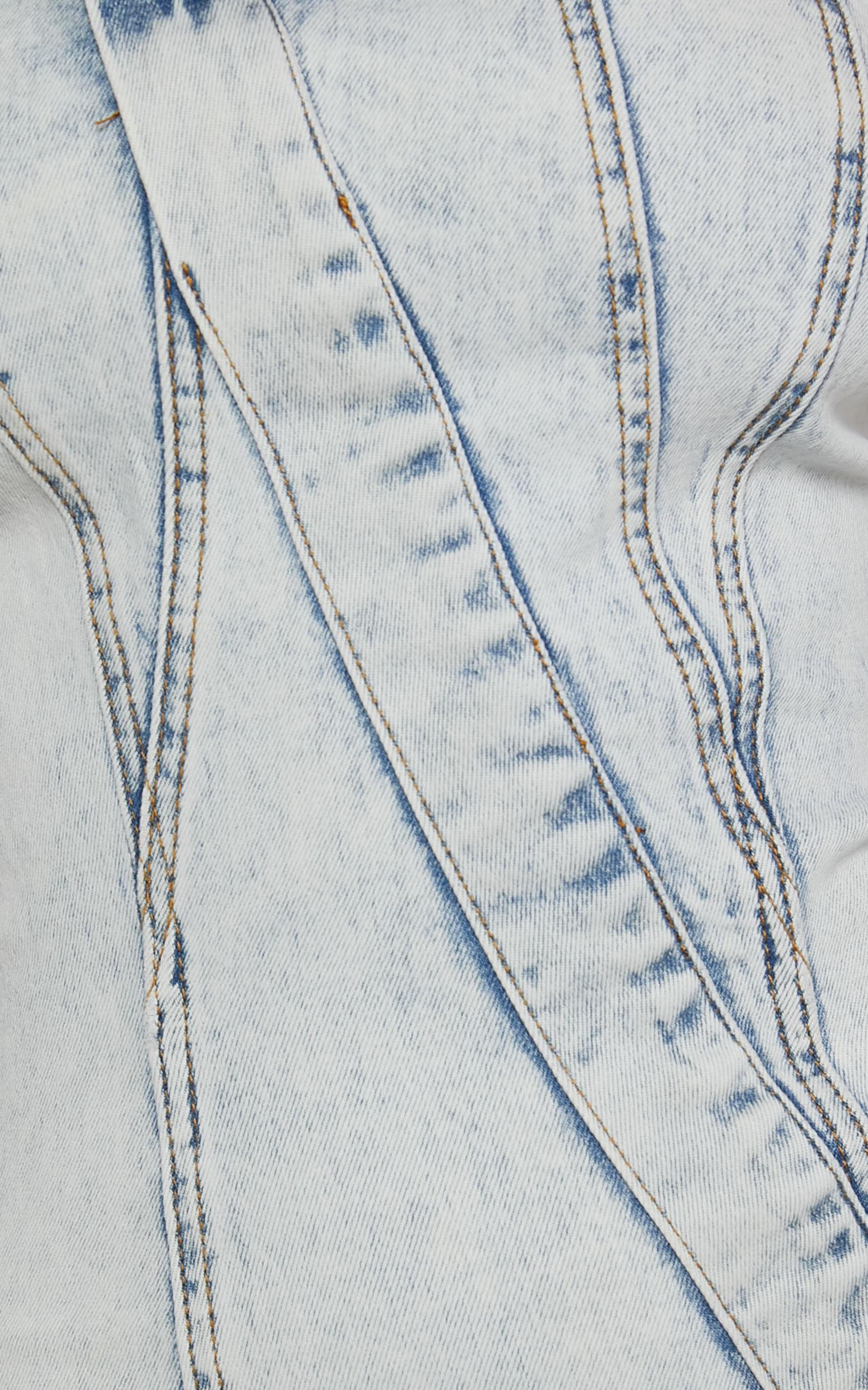 Erline Mini Dress - Asymmetric Strapless Denim Dress in Acid Blue Wash Product Image