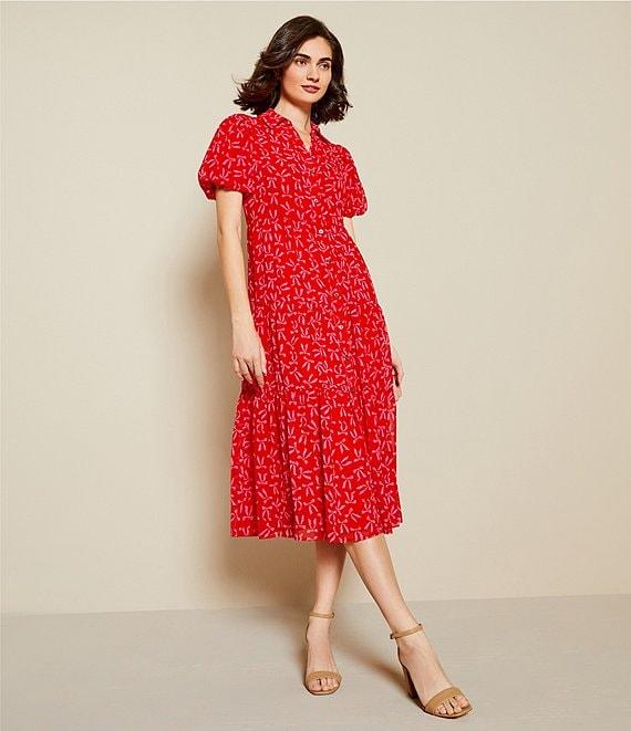 CeCe Gauze Chiffon Bow Print Point Collar Short Sleeve Tiered Midi Dress Product Image