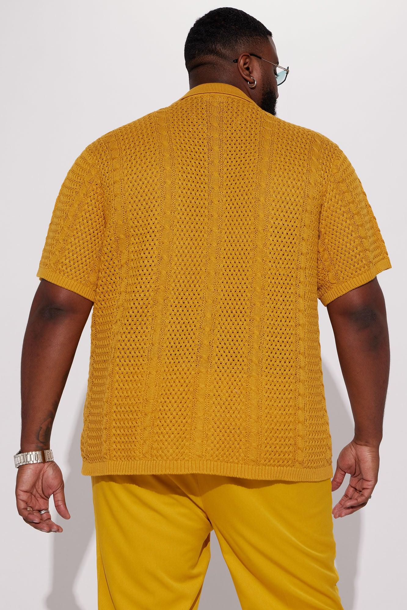 Unwind Cable Knit Short Sleeve Button Up - Mustard Product Image