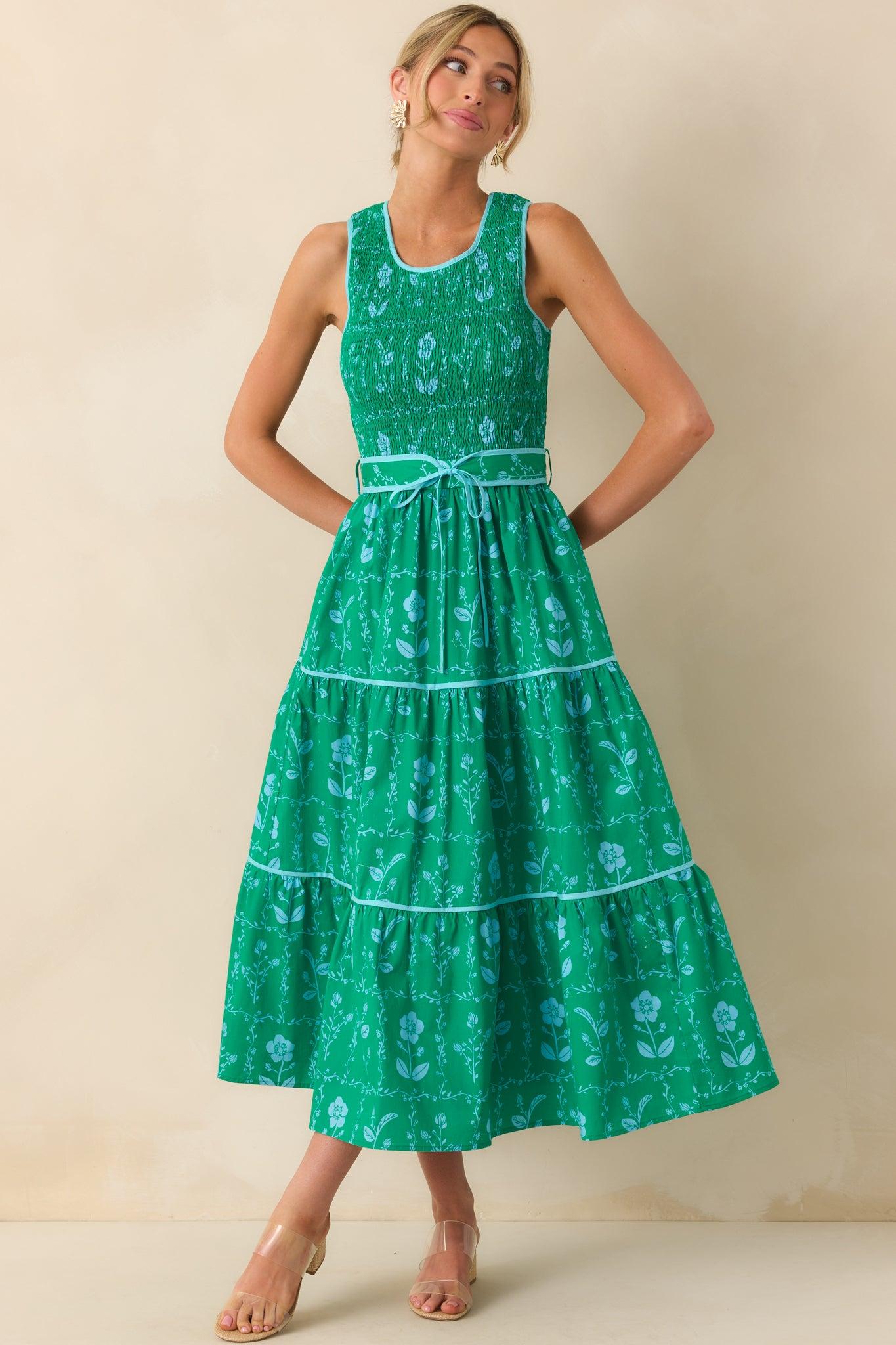 Making Sweet Memories Kelly Green Floral Print Cotton Maxi Dress Product Image