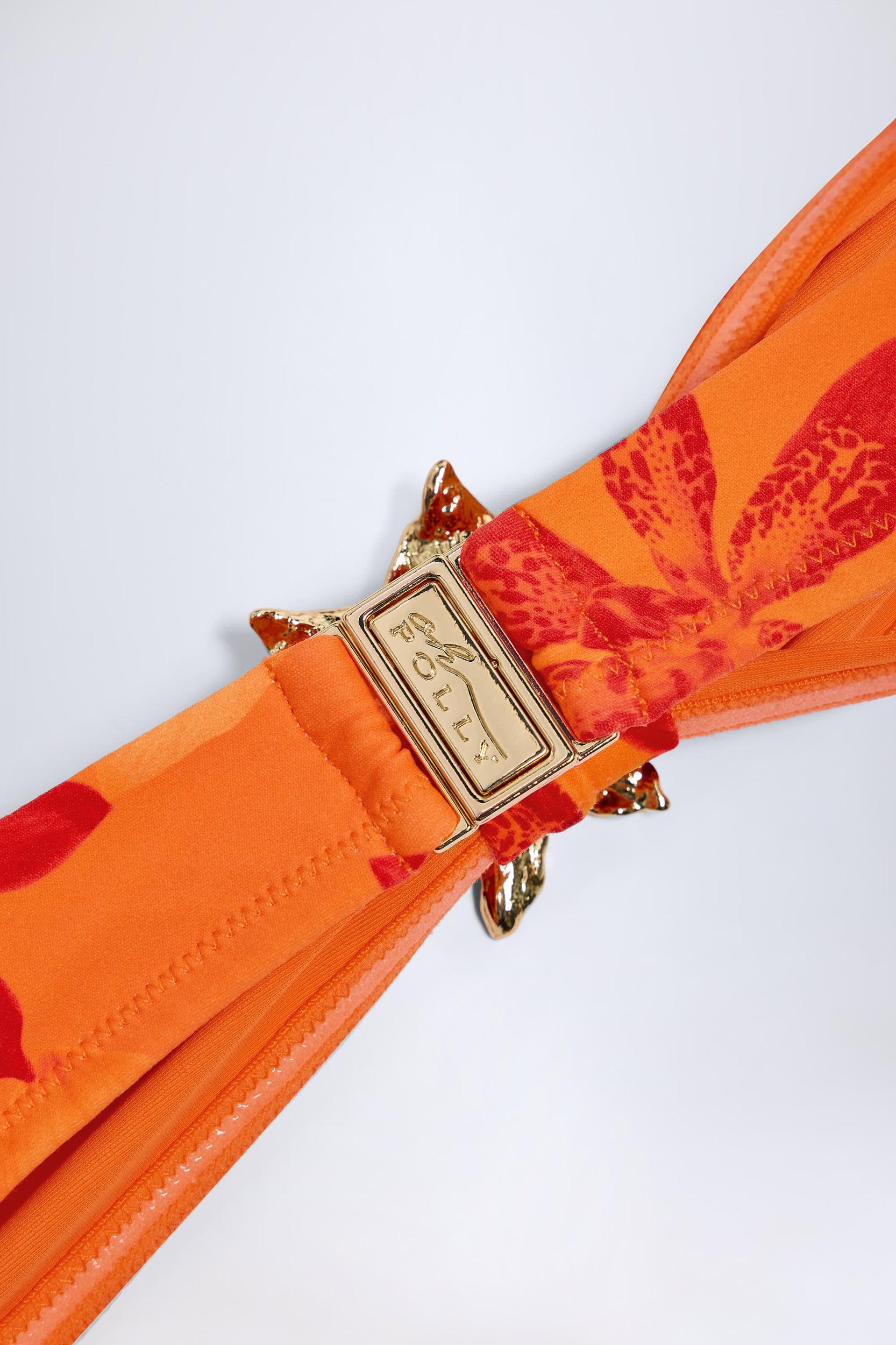 Hardware-Detail Halterneck Bikini Top in Orange Orchid Print Product Image