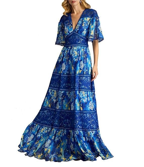 Tadashi Shoji Chiffon Floral Print V-Neck Short Flutter Sleeve Lace Trim A-Line Maxi Dress Product Image