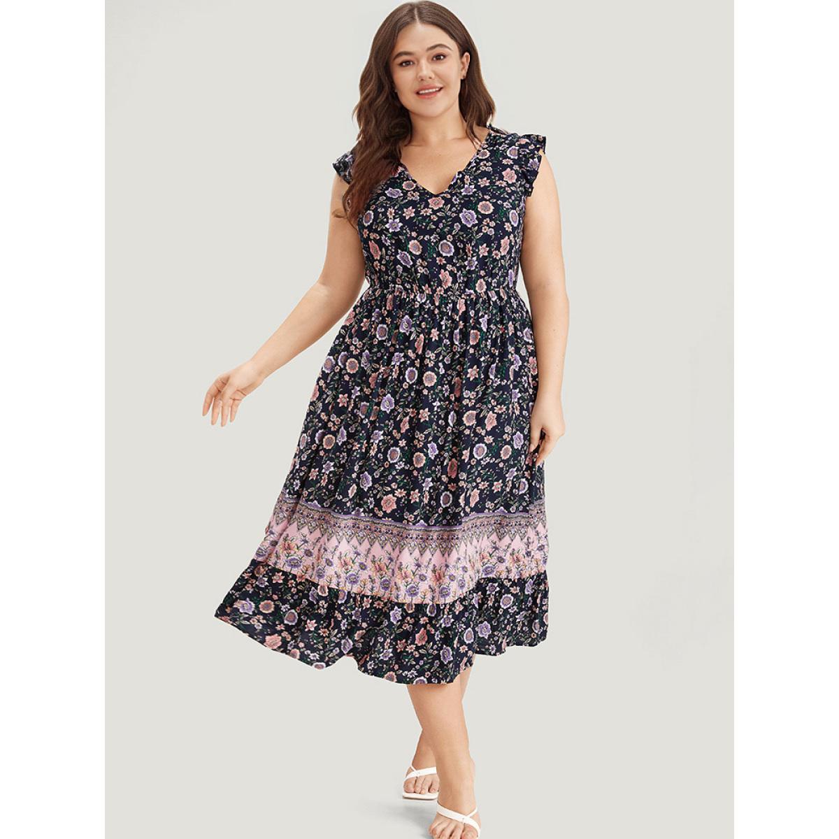 Plus Size Bandana Print Contrast Ruffle Cap Sleeve Pocket Dress Indigo Women Elegant Gathered V-neck Sleeveless Curvy Midi Dress BloomChic 10/M Product Image