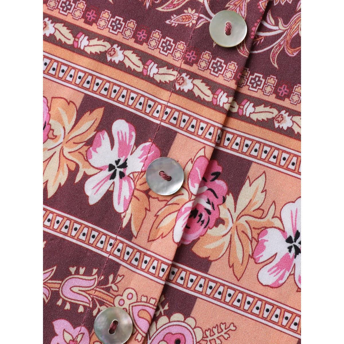 Plus Size Browncoffeecolor Floral Mixed Print Puffy Sleeve Blouse Women Boho Long Sleeve Round Neck Vacation Blouses BloomChic 28/5X Product Image