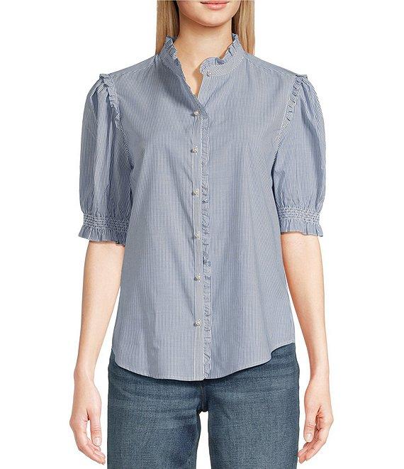 KARL LAGERFELD PARIS Poplin Striped Round Neck Ruffle 3/4 Sleeve Button Front Top Product Image