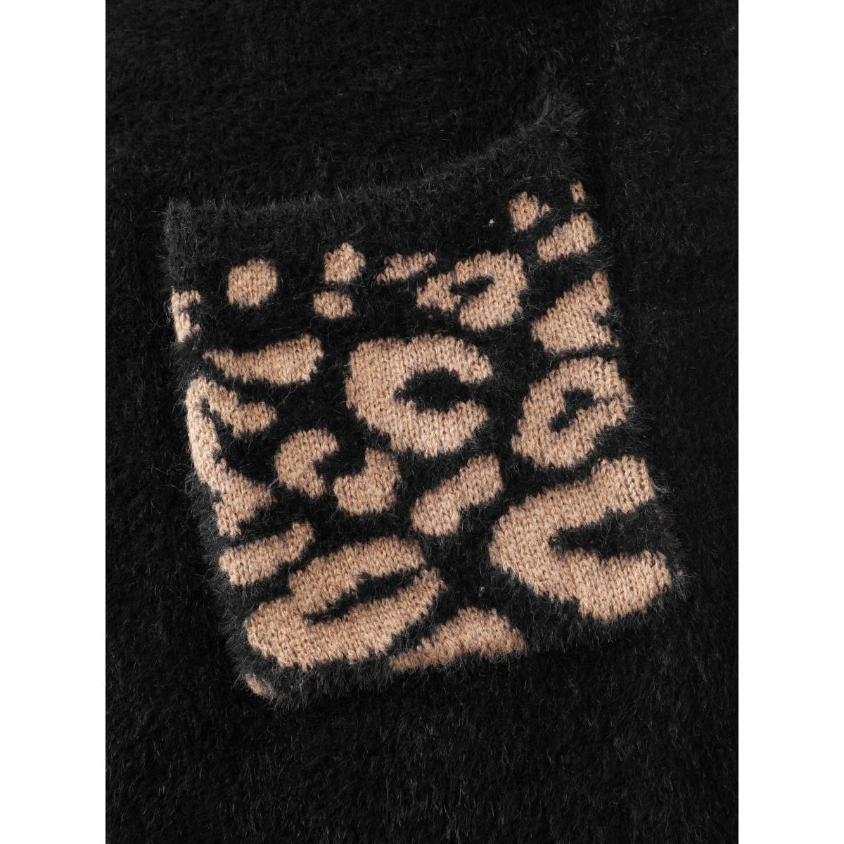 Plus Size Leopard Jacquard Furry Open-Front Knit Cardigan Black Women Casual Loose Long Sleeve Casual Cardigans BloomChic 26/4X Product Image