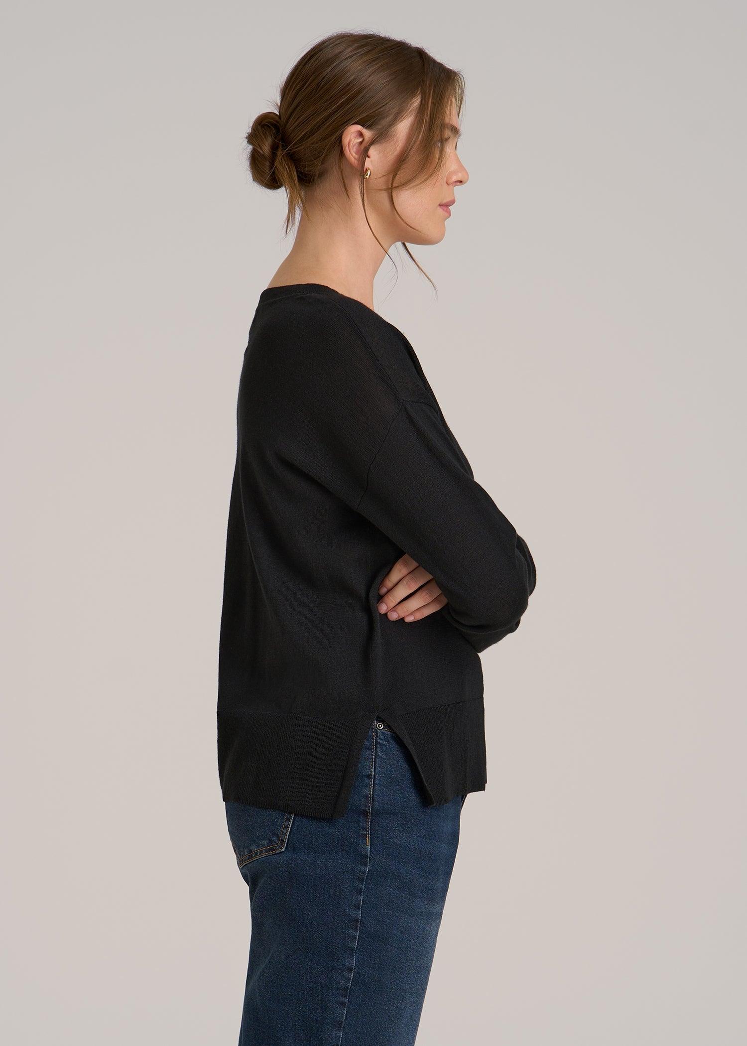 Linen Blend Split Hem V-Neck Sweater for Tall Women in Black Female Product Image