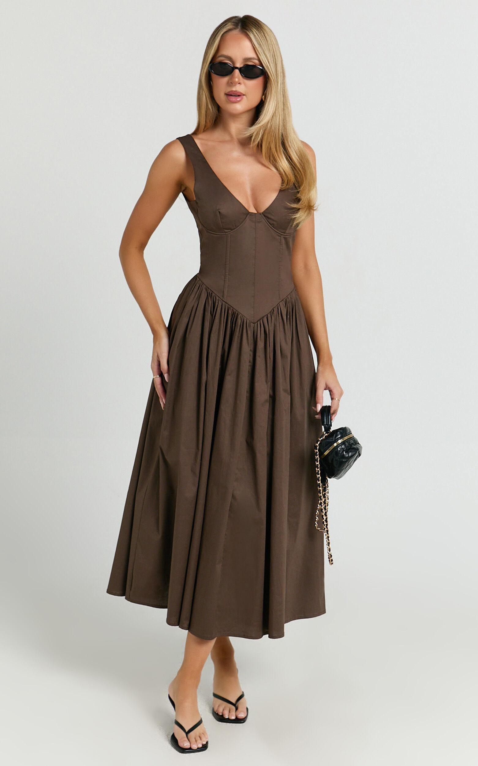Beckett Midi Dress - Scoop Neck Drop V Waist Gathered Skirt Dress in Dark Chocolate Product Image