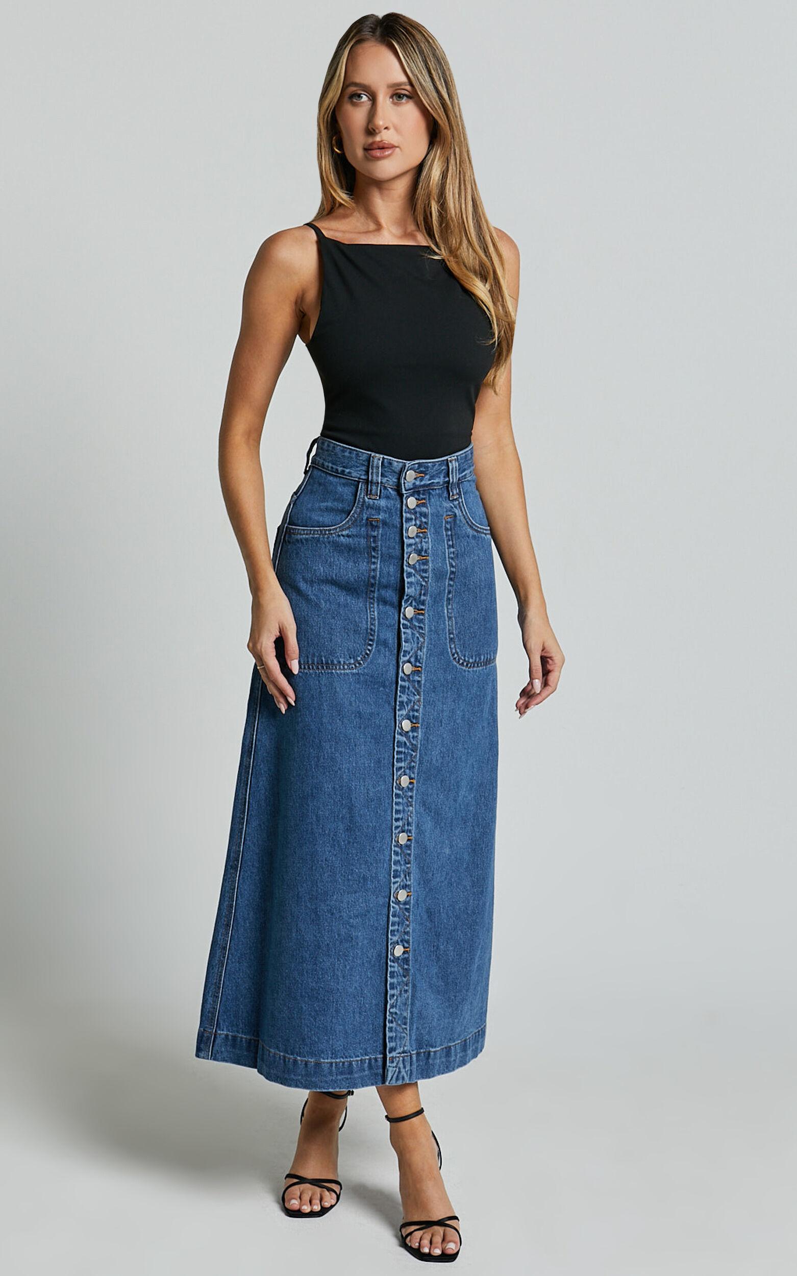 Alisa Midi Skirt - Button Through A Line Denim Skirt in Dark Blue Wash Product Image
