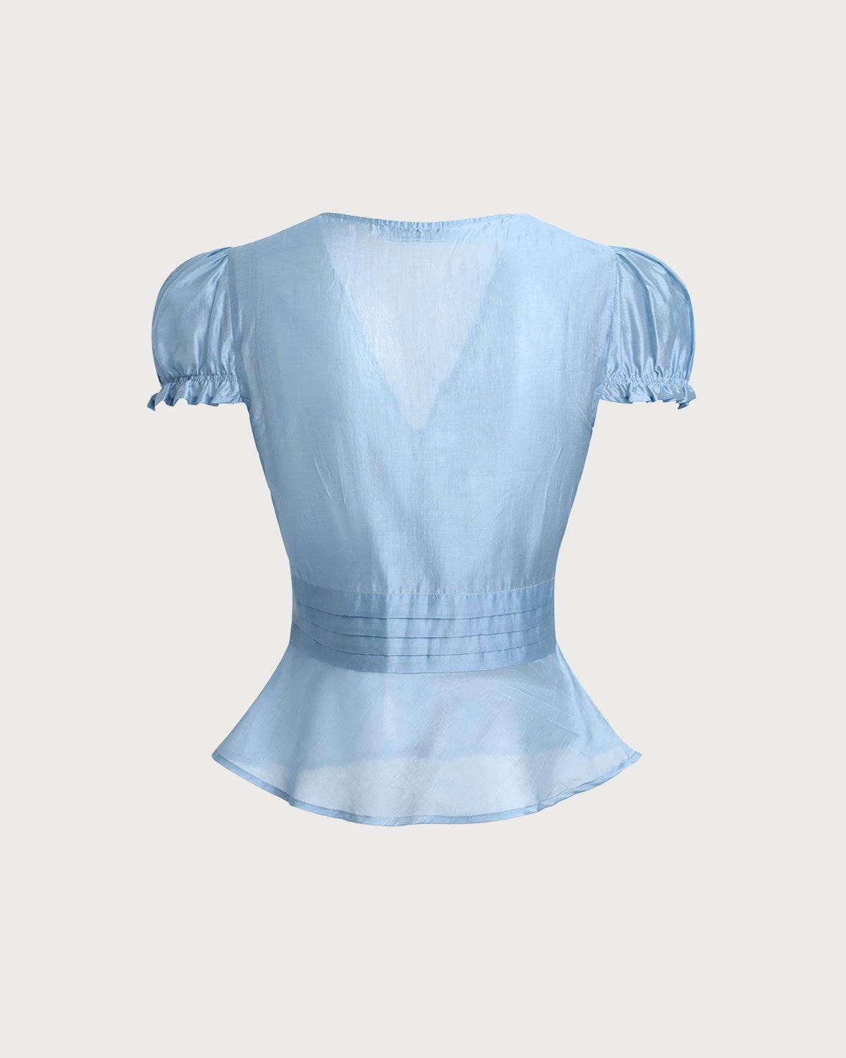 Blue Deep V Neck Short Sleeve Blouse Product Image