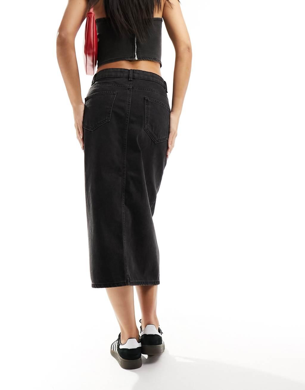 ONLY denim midi skirt with front split in washed black   Product Image