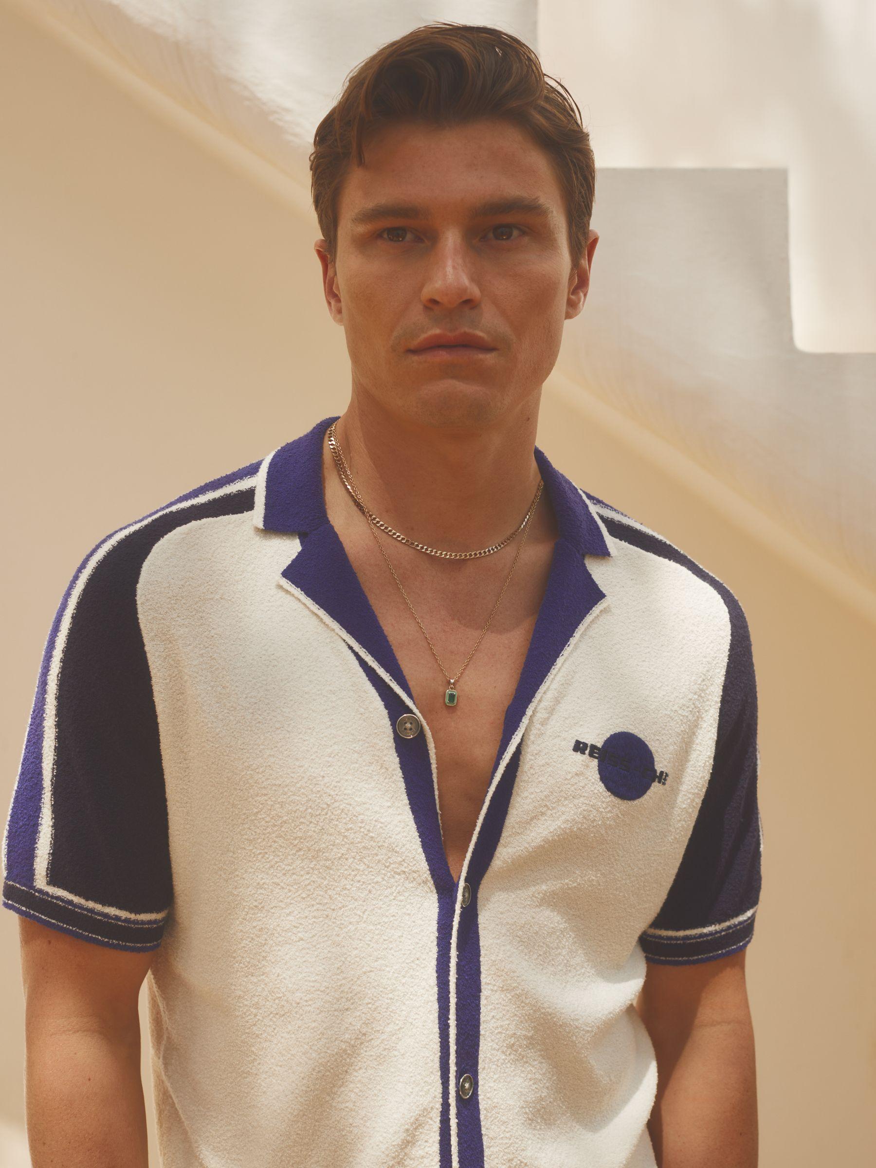 Reiss | Ché Towelling Cuban Collar Shirt in White/Blue Product Image