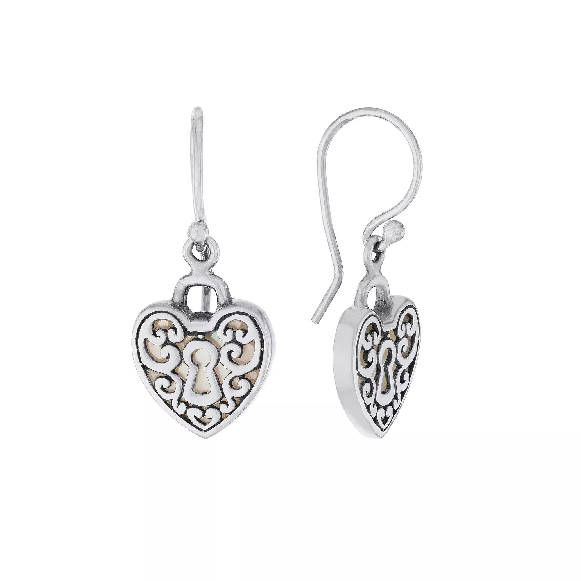 Main and Sterling Oxidized Sterling Silver Mother Of Pearl Heart Lock Drop Earrings, Women's, Silver Tone Product Image