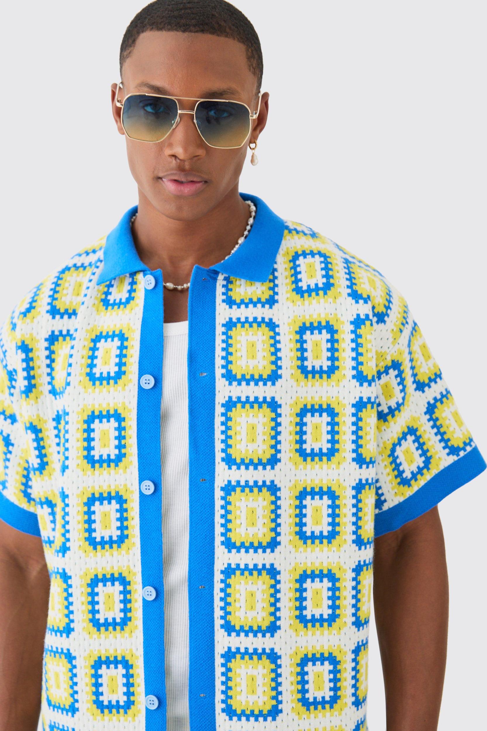 Oversized Boxy Crochet Knitted Shirt | boohooMAN USA Product Image