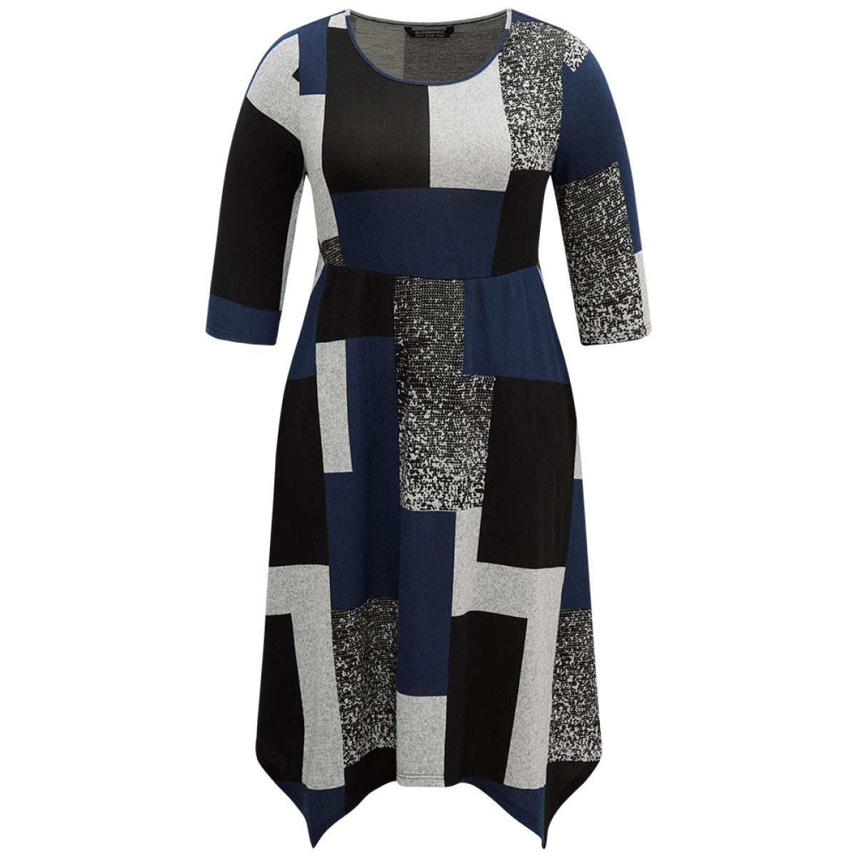 Plus Size Colorblock Contrast Round Neck Elastic Waist Dress Multicolor Women Casual Printed Round Neck Elbow-length sleeve Curvy Midi Dress BloomChic 10/M Product Image