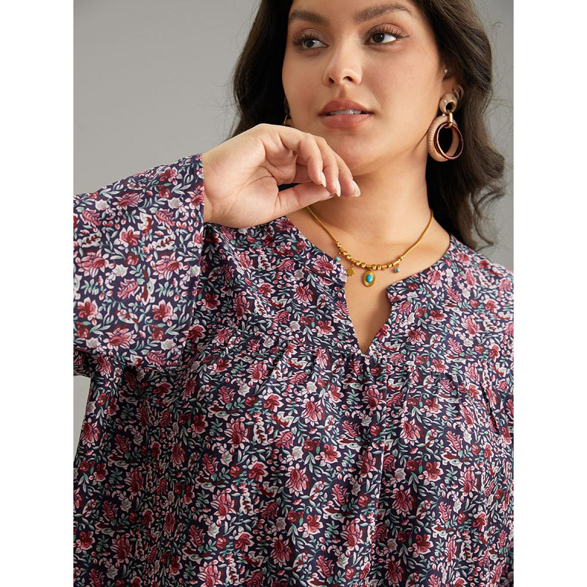 Plus Size Indigo Ditsy Floral Notched Bell Sleeve Blouse Women Vacation Long Sleeve Notched collar Dailywear Blouses BloomChic 10/M Product Image