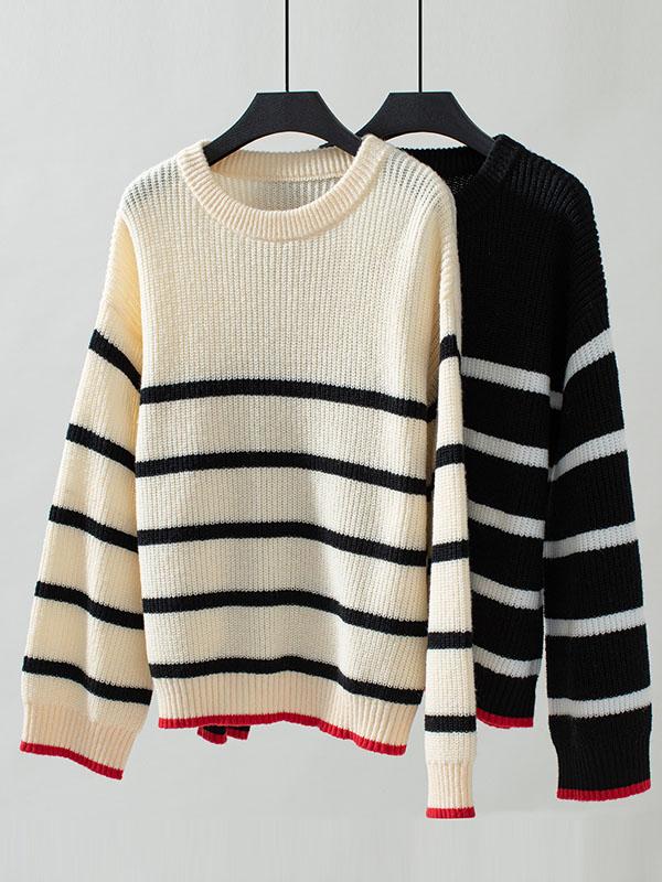 Long Sleeves Loose Contrast Color Split-Joint Striped Round-Neck Pullovers Sweater Tops Product Image