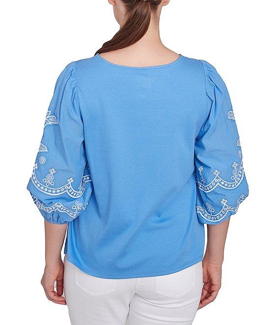 Ruby Rd. Crew Neck 3/4 Embroidery Puff Sleeve Side Slit Knit Top Product Image