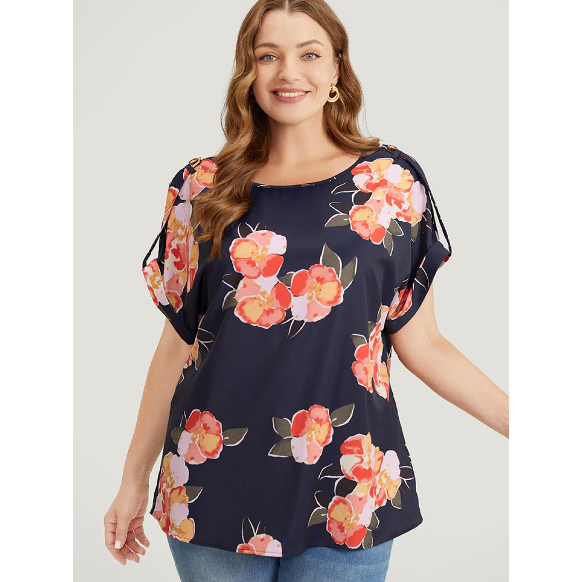 Plus Size Indigo Floral Printed Roll Tab Sleeve Blouse Women Elegant Short sleeve Round Neck Dailywear Blouses BloomChic 12/L Product Image