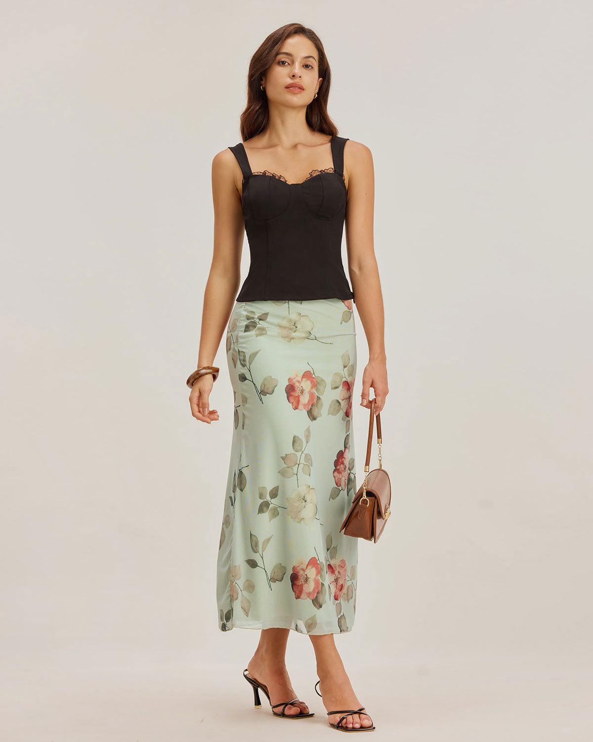 Green Floral Elastic Waist Straight Midi Skirt Product Image