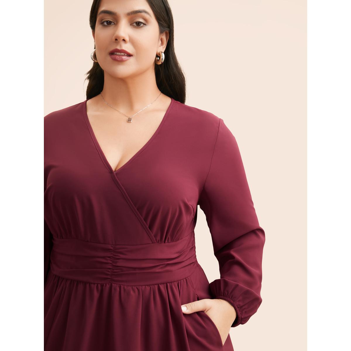 Plus Size Overlap Collar Ruched Lantern Sleeve Maxi Dress Burgundy Women Elegant Gathered Overlap Collar Long Sleeve Curvy BloomChic 18-20/2X Product Image