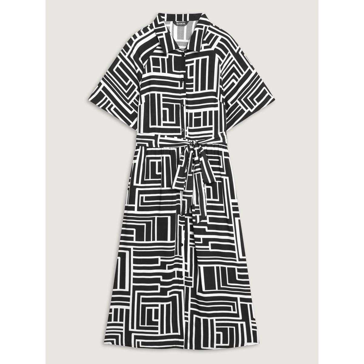Plus Size Geometric Print Monochrome Shirt Dress Black Women Shirt collar Short sleeve Curvy BloomChic 14-16/1X Product Image