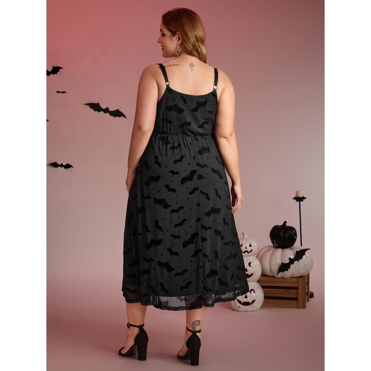 Plus Size Bat Chilling Print Stretchy Waist Midi Dress Black Women Romantic Party Curvy Bloomchic 28/5X Product Image
